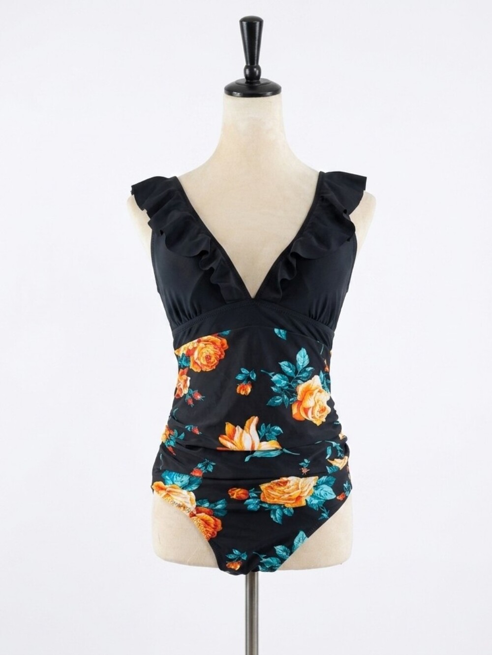 Black Floral Ruffle V-Neck One-Piece Swimsuit with Orange Roses